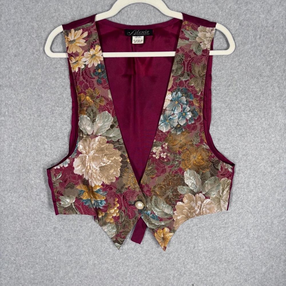 Vintage 80s Tapestry Vest Size 2 Burgundy Floral Damask Brocade Pearl Button